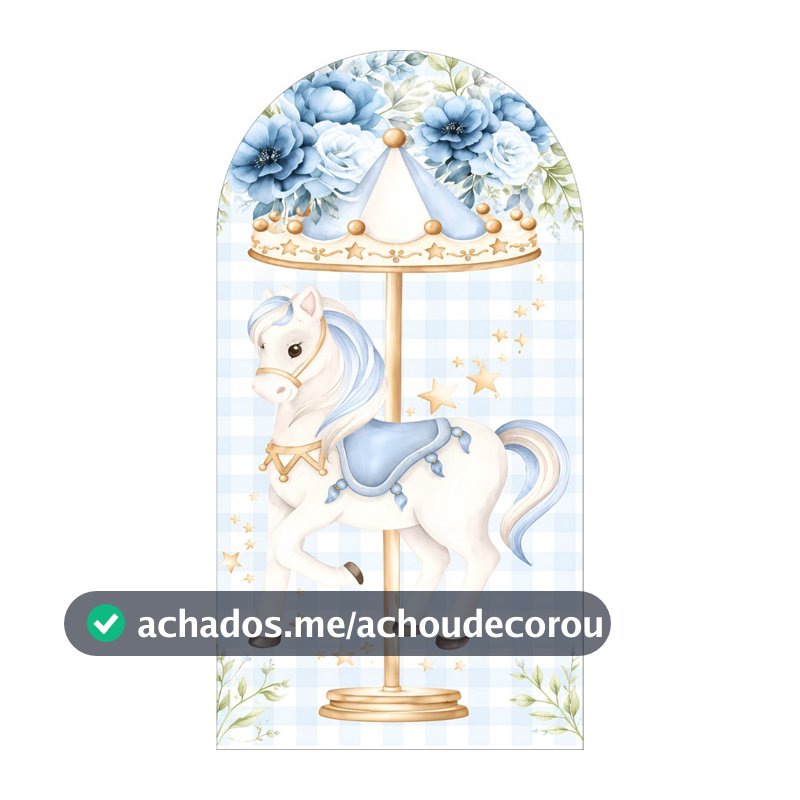 PAINEL DE FESTA DECORATIVO TEMA CARROSSEL AQUARELA AZUL E ROSA ROMANO 2X1 EM TECIDO SUBLIMADO