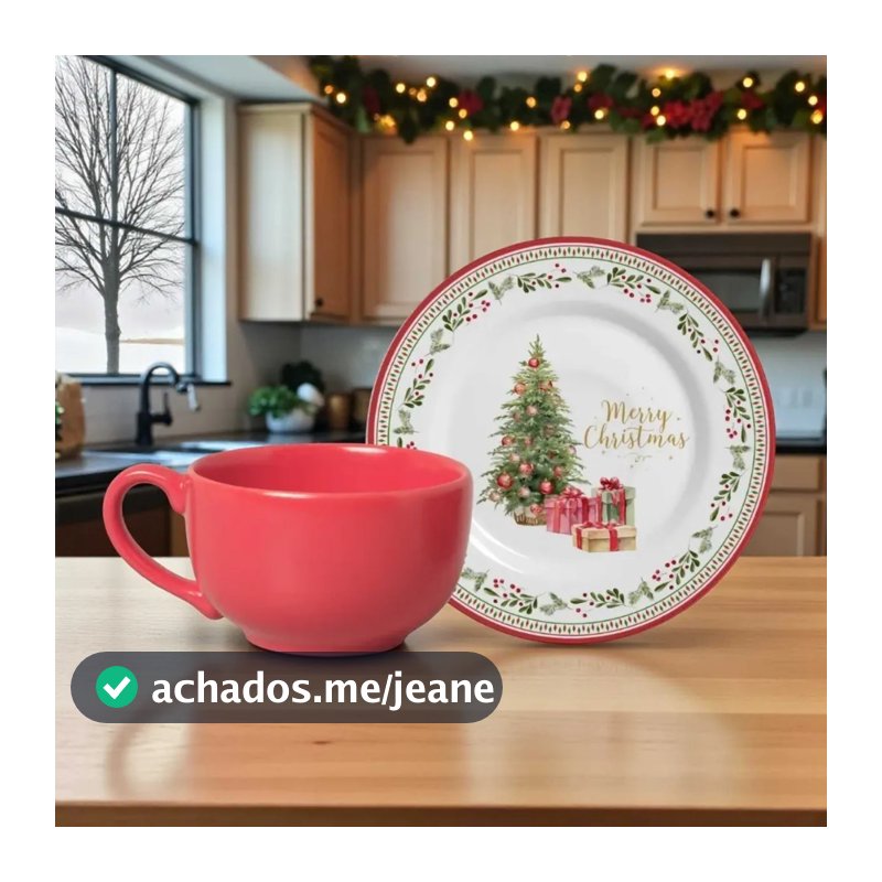Xícara Chá Vermelha com Pires Natalino Merry Christmas Plus 250ml - Alleanza