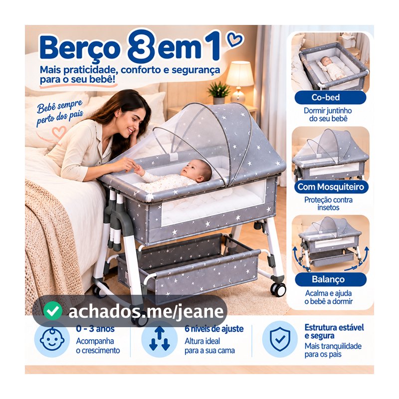 Berço Portátil Mosquiteiro Berço portátil multifuncional móvel e dobrável para bebê Cinza 50kg P18