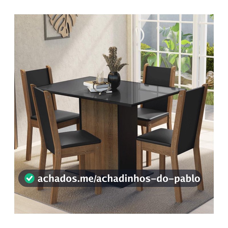 Conjunto Sala de Jantar Mesa Tampo de Vidro 4 Cadeiras Preto/Rustic Martina Madesa