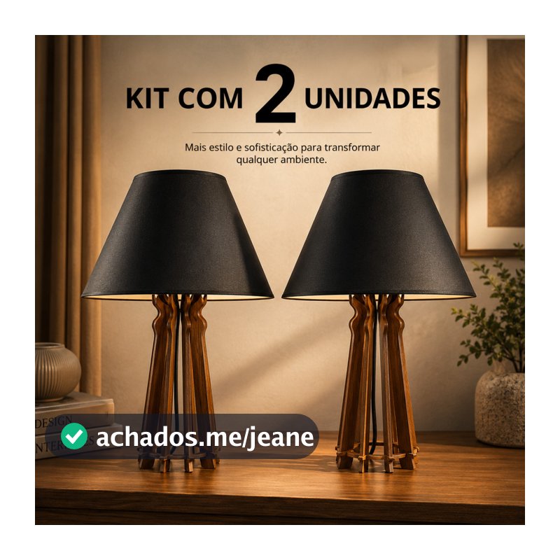 Kit 2 Abajur De Mesa Quarto Luminária Sala Madeira Cúpula Decoração