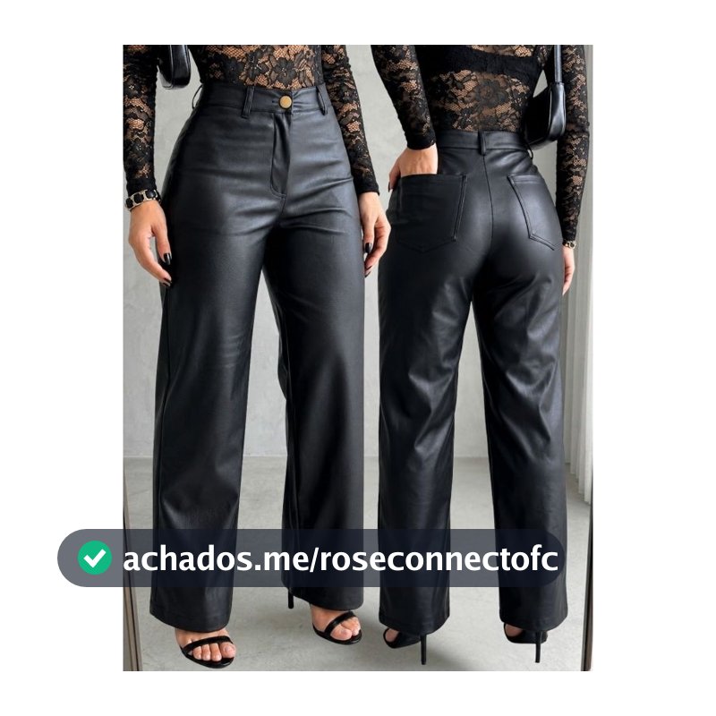 Calça Feminina Cintura Alta Wide Leg Pantalona Bolso Couro Premium Preta Fake