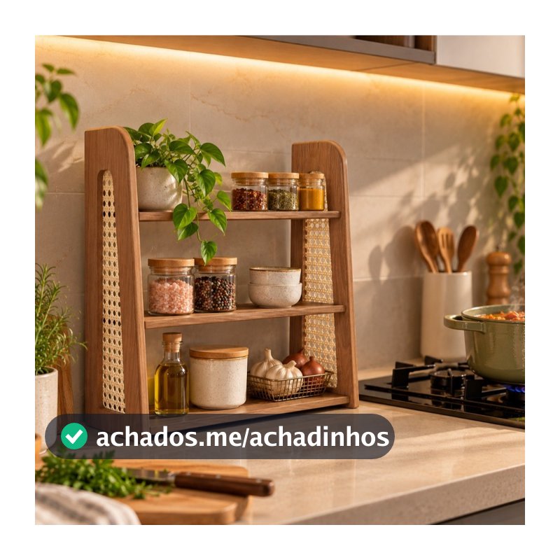 Estante Porta Temperos 3 Prateleiras MDF Palha Indiana Natural Boho Cozinha