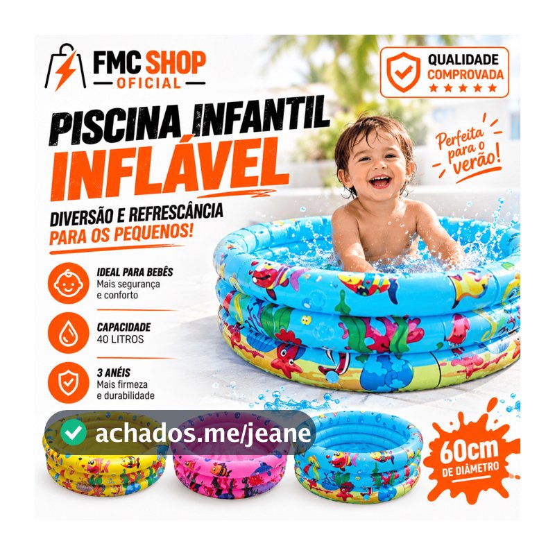 Piscina Infantil Inflável Redonda 3 Anéis Bebê Verão Menino Menina 40 Litros 60cm