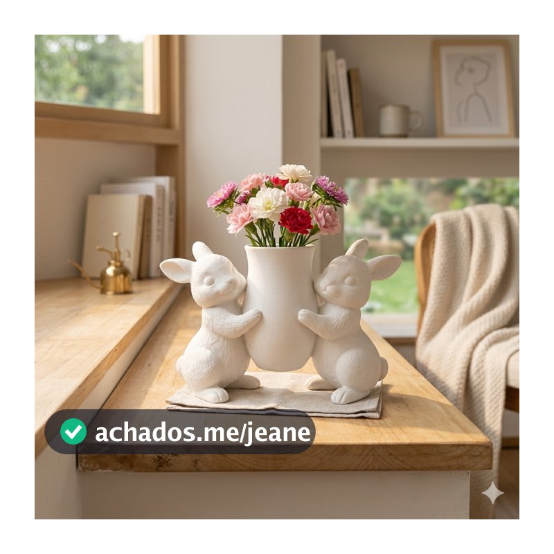 Vaso Coelho Páscoa 3D Duplo Decorativo Flores Enfeite Mesa Sala Presente Criativo Primavera Branco