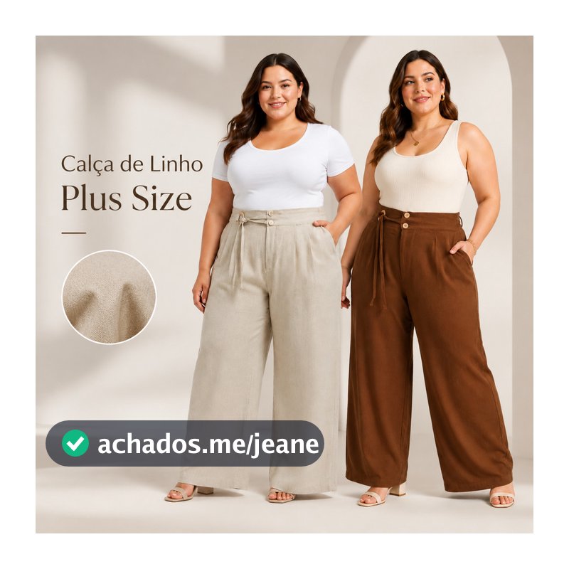 Calça Pantalona Plus Size Linho Cintura Alta Amarração Wide Leg