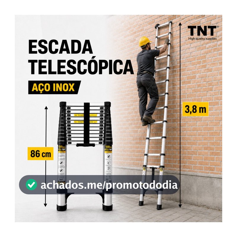 Escada Telescópica TNT Aço Inox (3,2m/3,8m) Retrátil, Fácil de Guardar, Portátil, Extensível