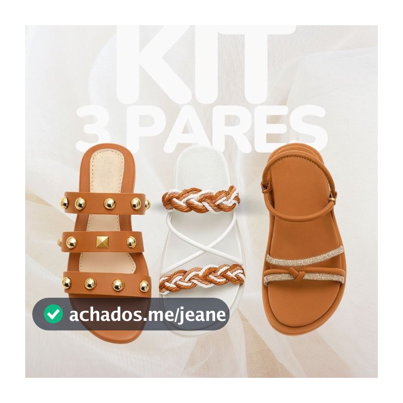 KIT 3 PARES Rasteirinha + Birken Papete Flat Trança, Apliques Spikes e Brilho Strass Caramelo