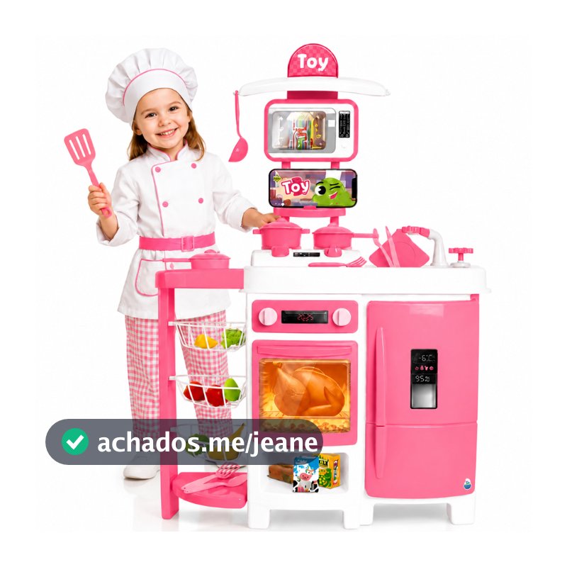 Cozinha Infantil Grande Com Geladeira Completa 92 CM Sai Água de Verdade Fruteira Forno Fogão Rosa