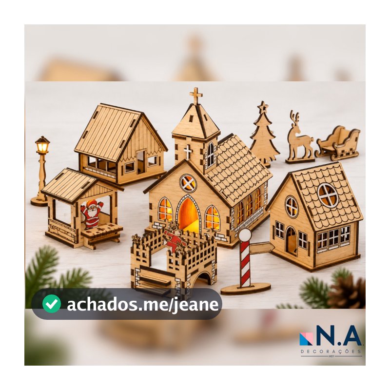 Vila Natalina em MDF – Casinhas de Natal Decorativas | Cru ou Branco | Com ou Sem Pisca-Pisca LED