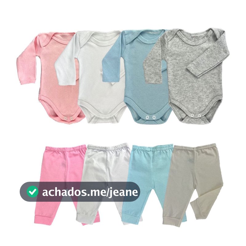 kit 4 peças mijão calça e body manga longa infantil bebe masculino e feminino