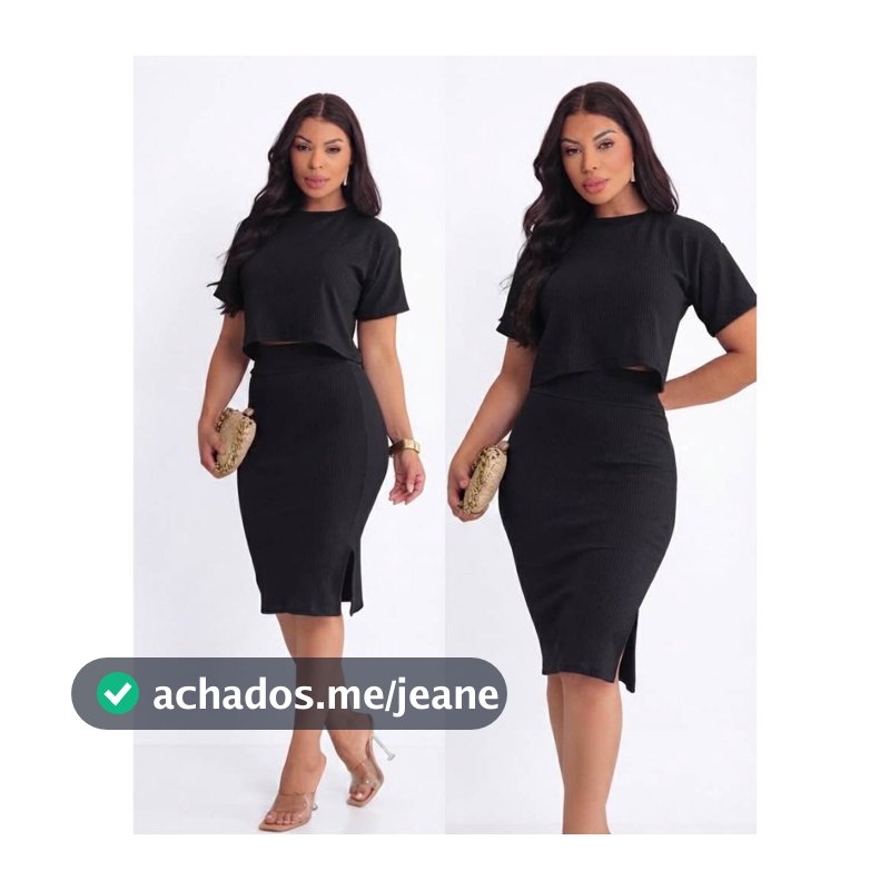 Conjunto Canelado Feminino Casual Saia Midi Fenda Lateral e Blusa Cropped Manga Curta Envio Rápido