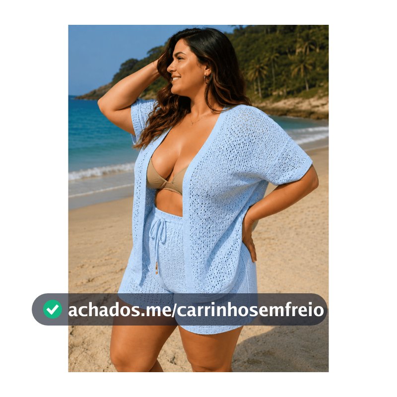 Conjunto Saída de Praia Short + Cardigan Tricot Linha Verão Plus Size