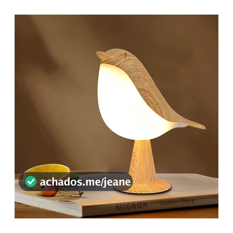 Abajur Pássaro Touch Dimerizável | Luminaria de Mesa Madeira Recarregável USB | Decoração Quarto