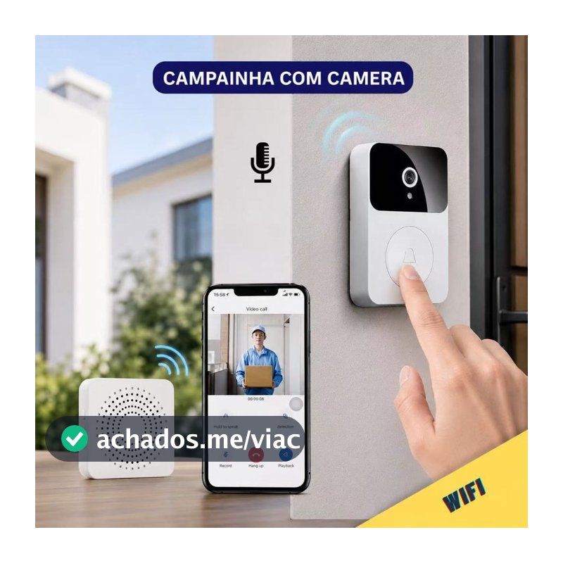 Campainha Com Câmera Vídeo Porteiro Sem Fio Wi-Fi HD Inteligente Smart Home Vê Pelo Celular -bombara