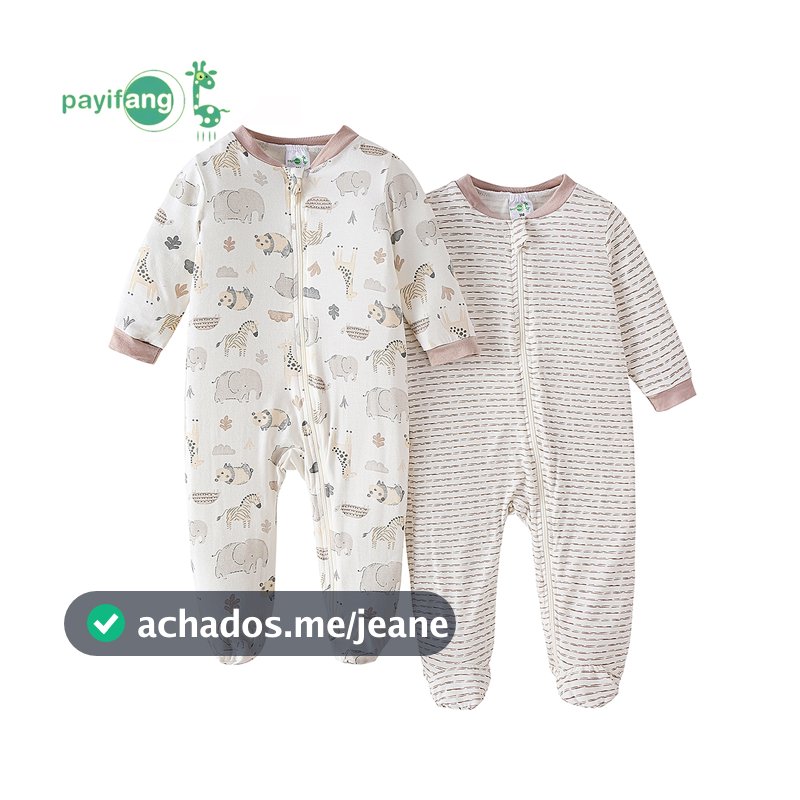 Kit 2 Macacão Bebê Longo com Pé 100% Fibra de Bambu Animais Savana Listrado Bege Roupa de Dormir TM-2028