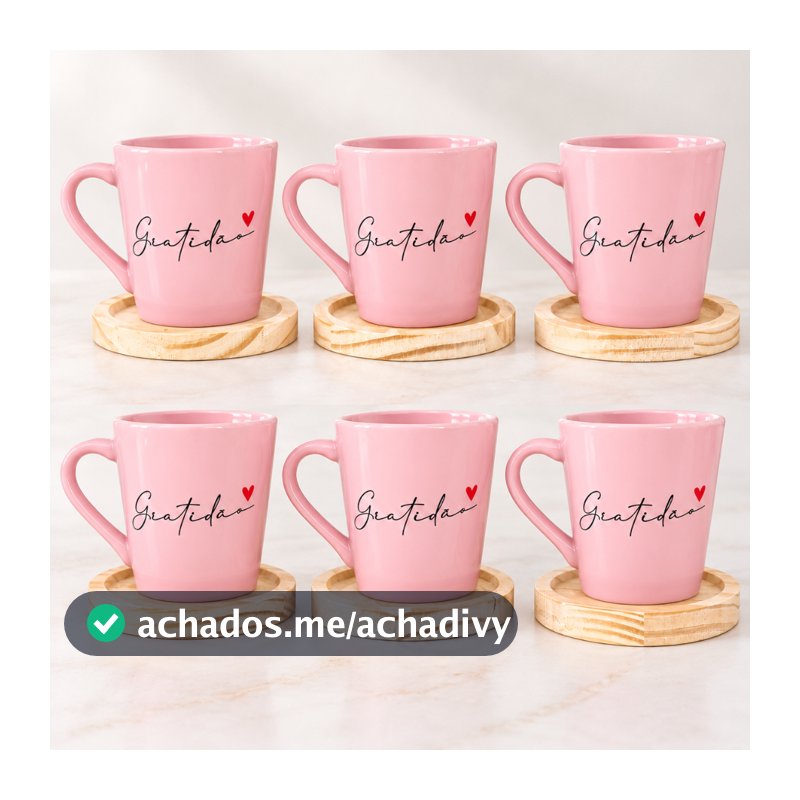 Kit 6 Xicaras / Canecas Porcelana Rosa 120ml C/ Pires De Madeira Redondo Gratidão Spot