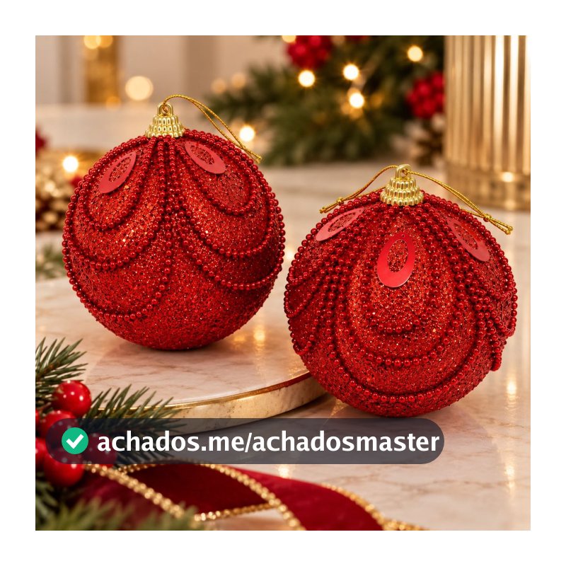 Kit 2 Bolas de Natal Luxo Vermelhas com Miçangas e Glitter 10cm 27167– Vencedor