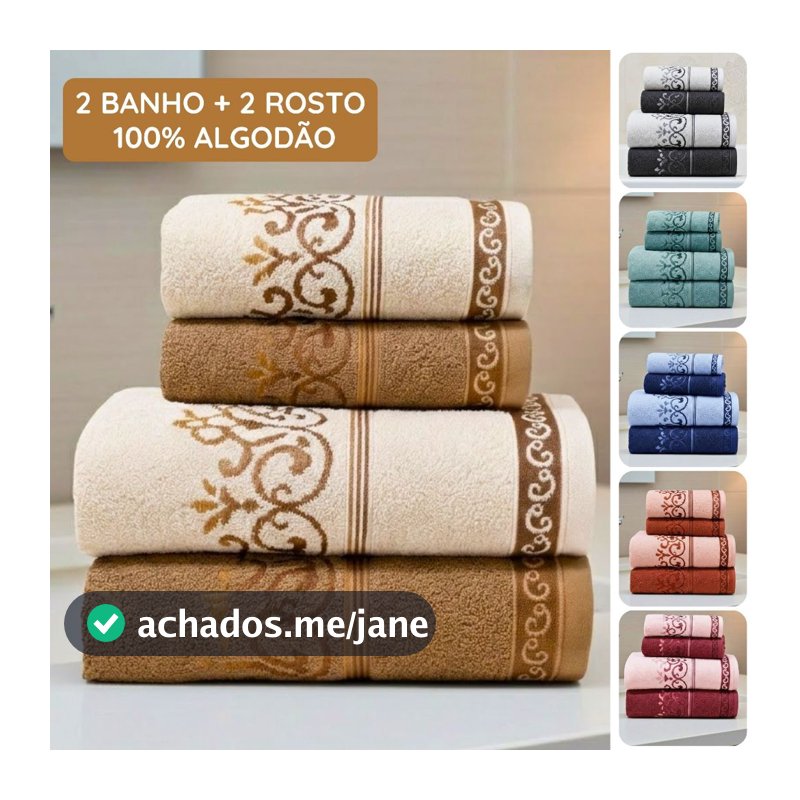 Jogo de Toalha 4 Peças 100% Algodão Bordada 2 Banho 2 Rosto Macia Boa Absorção Brisa Habitat