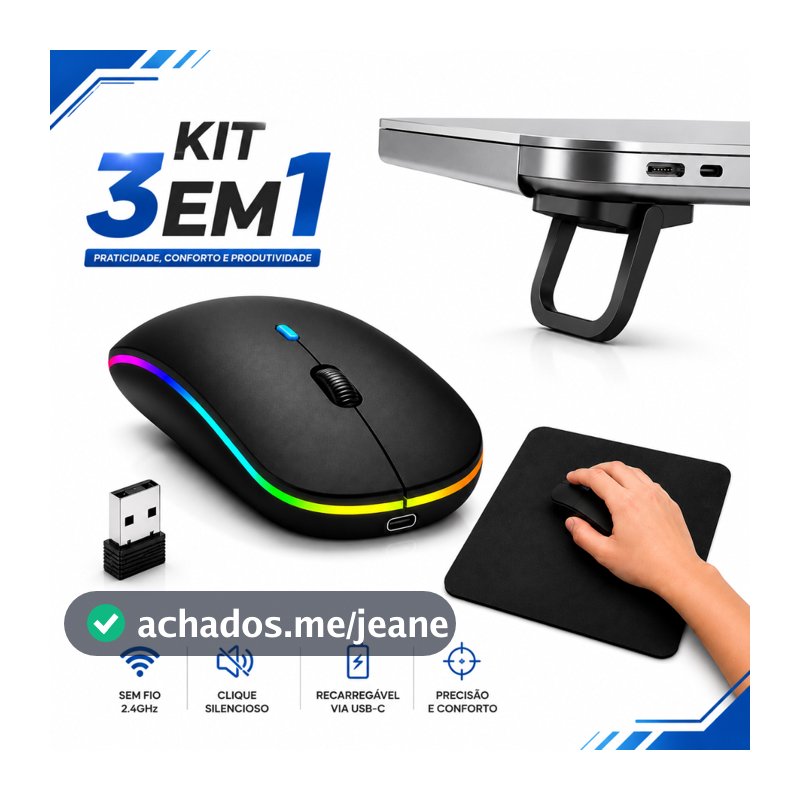 Kit Mouse Sem Fio Silencioso Recarregavel+Suporte Notebook+Mouse Pad