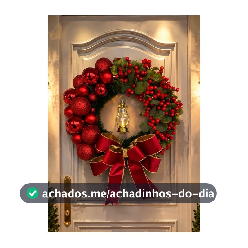 Guirlanda Natalina Luxo Luz de Natal 50cm com Lampião Iluminado, Laço e Bolas Vermelhas