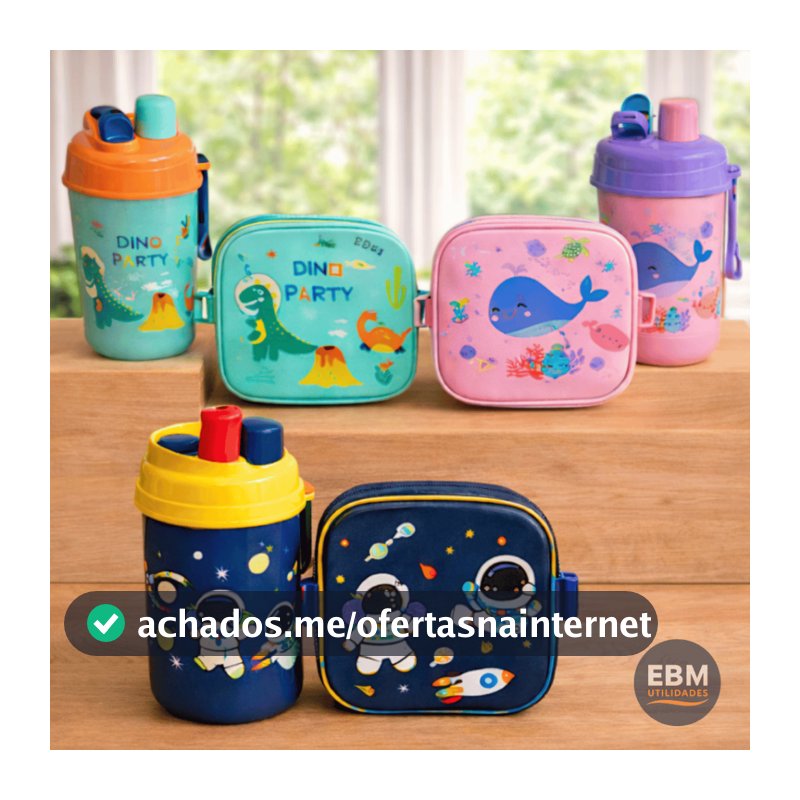 Kit Lancheira Marmita Infantil com Garrafa e Talheres Organização 4 Peças