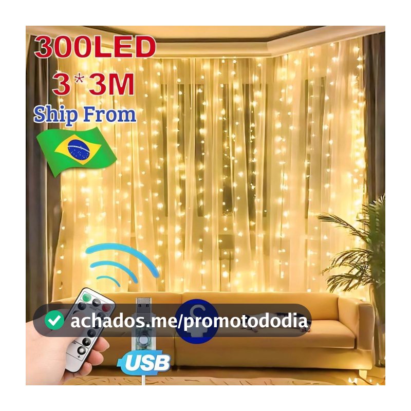 Cortina luz 300 LED 3x3M cortina com 8 Modos USB Natal Fadas Luzes Pisca Cascata Decoração Janela 110v-220v