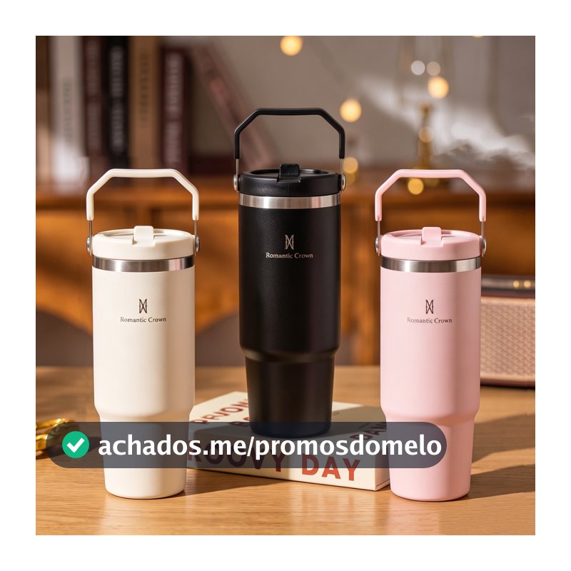 ROMANTIC CROWN Garrafa Térmica 900ml Inox com Bico e Alça Flip Tumbler para Academia e Trabalho