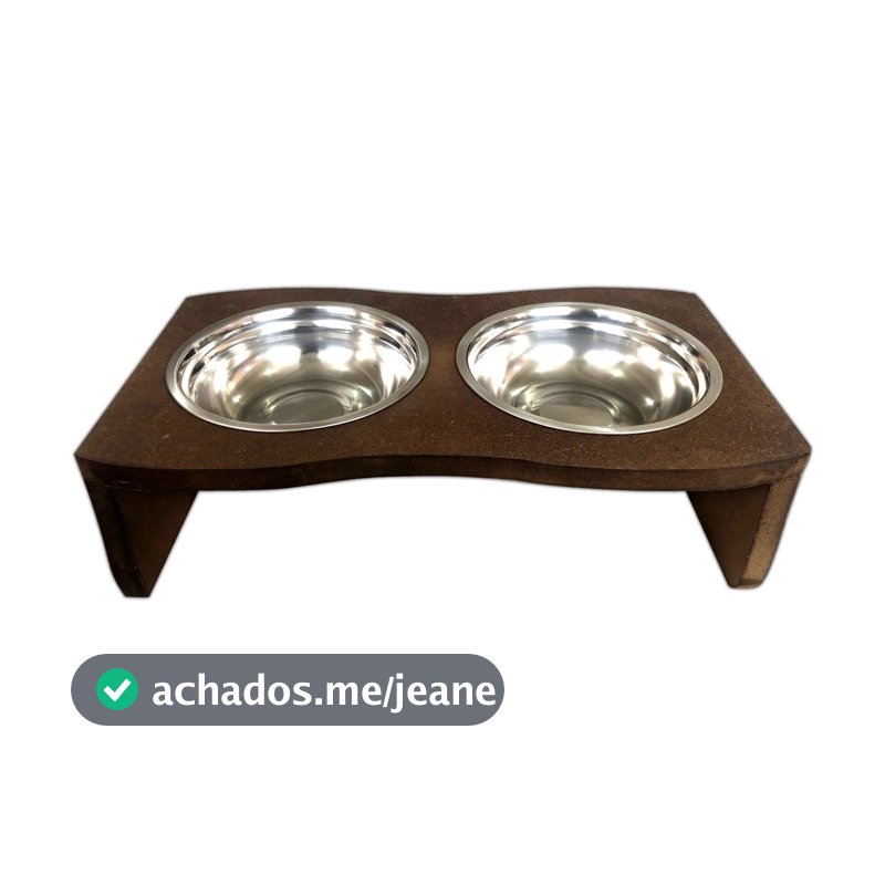 Comedouro Madeira Com 2 Potes Em Inox Para Pet Cachorro Gato MARROM