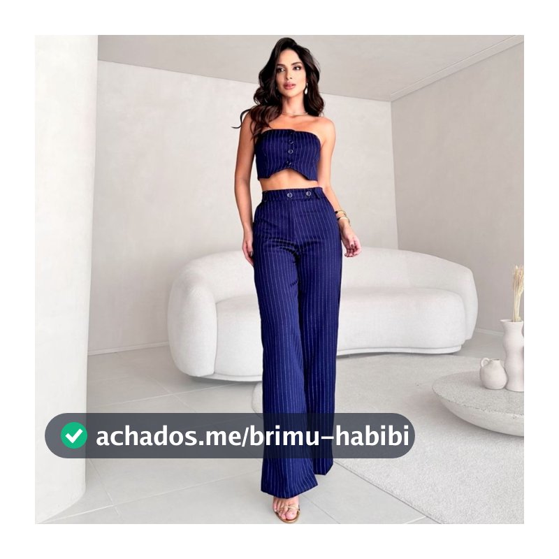 Conjunto Alfaiataria Feminino Risca de Giz Top e Calça Bolsos Laterais Pregas Cós Caimento Moderno