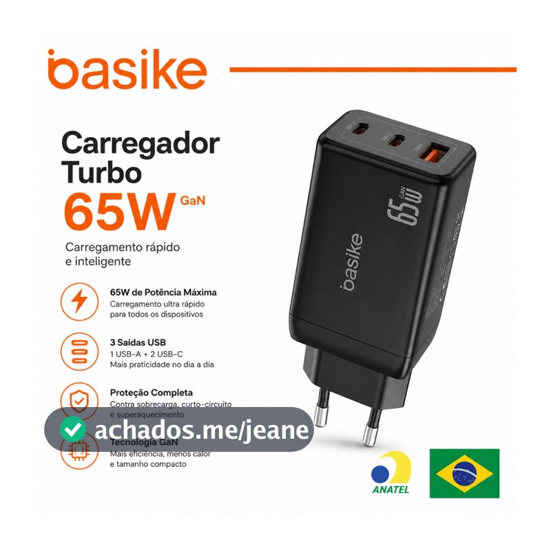 Basike 65W Carregador GaN Turbo 3 Portas USB-C USB-A PD PPS Para iPhone Samsung Xiaomi