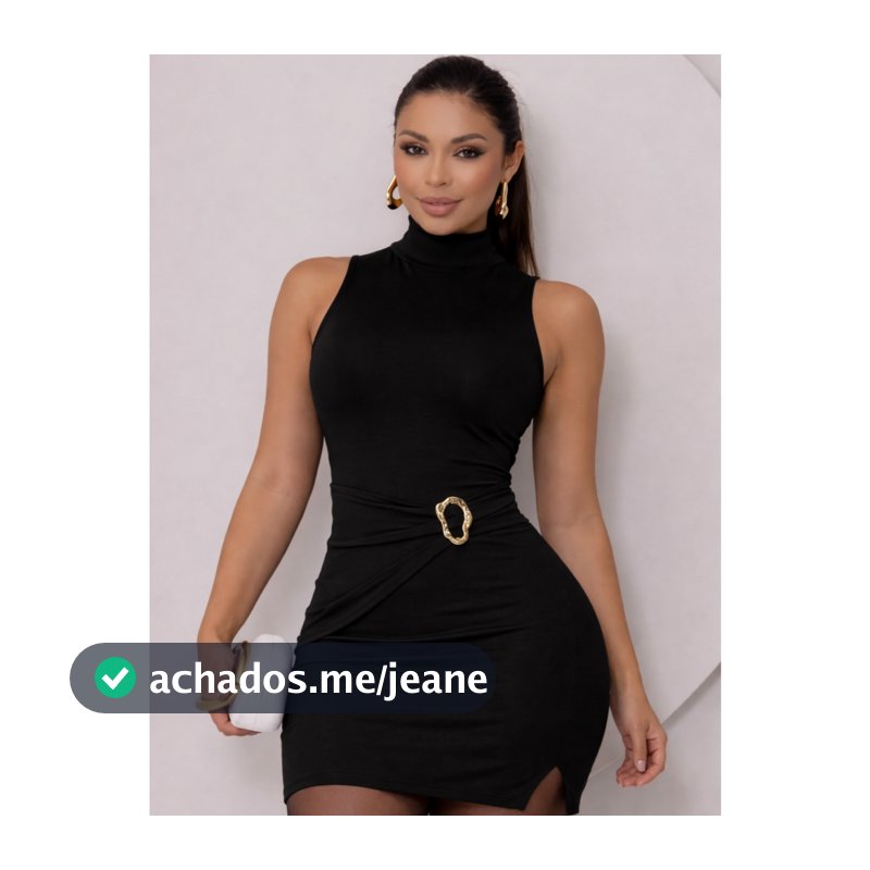 Vestido Tubinho Curto Feminino Gola Alta Fenda Lateral Com Acessório Dourado Festa Balada Luxo