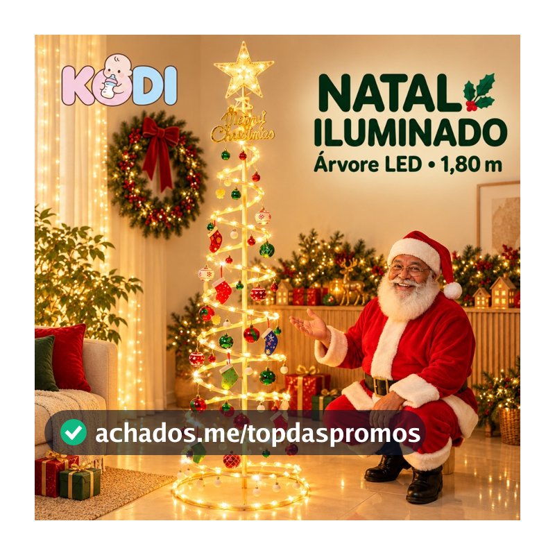 Árvore de Natal Espiral 180cm com Luzes LED, Estrela e Enfeites para Decoração de Natal KODI