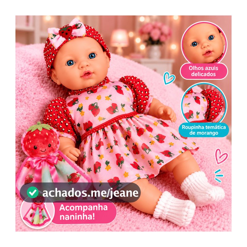 Boneca Moranguinho Cheirinho de Amor Bebê Menina Infantil em Vinil Milk