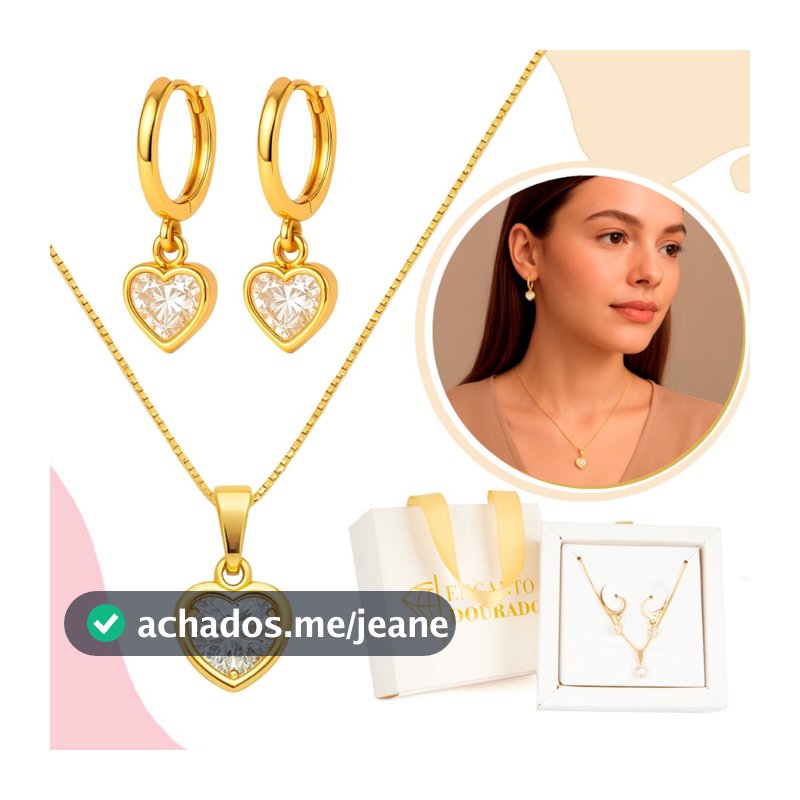 Kit Corrente + Brinco Feminino Coração Zircônia Banhado A Ouro Festa Casamento