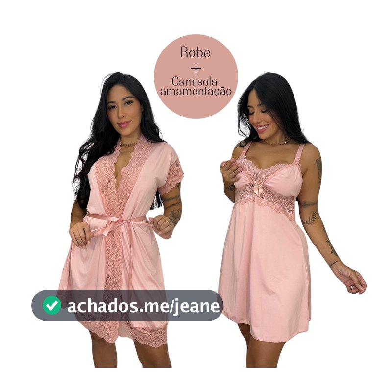 Kit Robe Roupão e Camisola Amamentação Pós Parto Liso Renda Maternidade Gestante