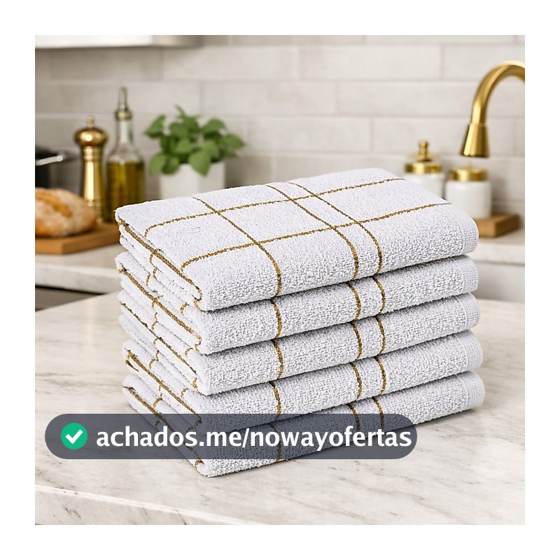 5 Pano Prato Cozinha Xadrez Branco c/ Dourado Grande Algodão Macio Laune Haus