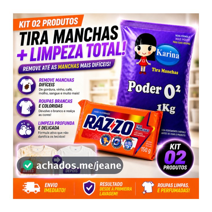 Kit Tira Manchas Poder O2 1Kg + Sabão Glicerinado Razzo 150g Remove Manchas Difíceis e Roupas Limpas