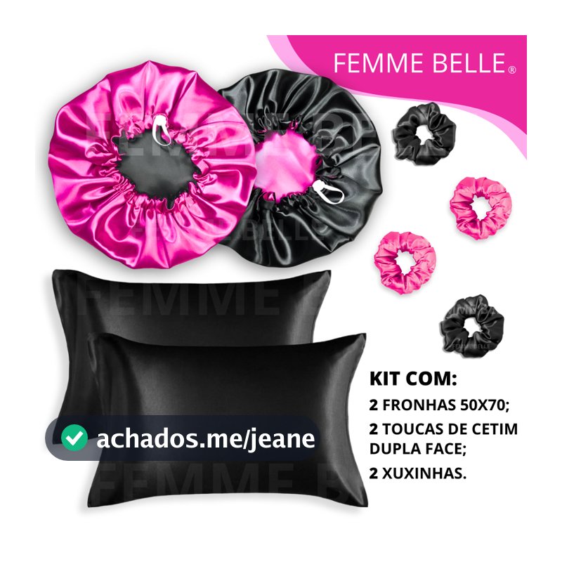 Kit Cetim Antifrizz 2 toucas dupla face regulável + 2 fronhas + 2 xuxinhas scrunchies