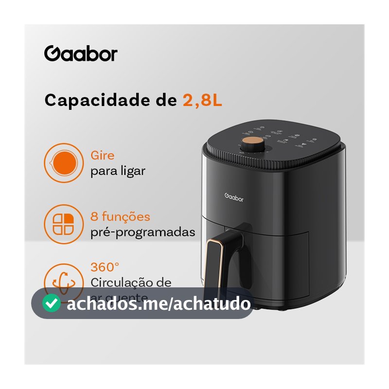 Gaabor Air Fryer 2,8L 800W 360° Ar Quente Timer 60 Min 200°C Antiaderente Sem BPA 8 Menus AF-35M02A