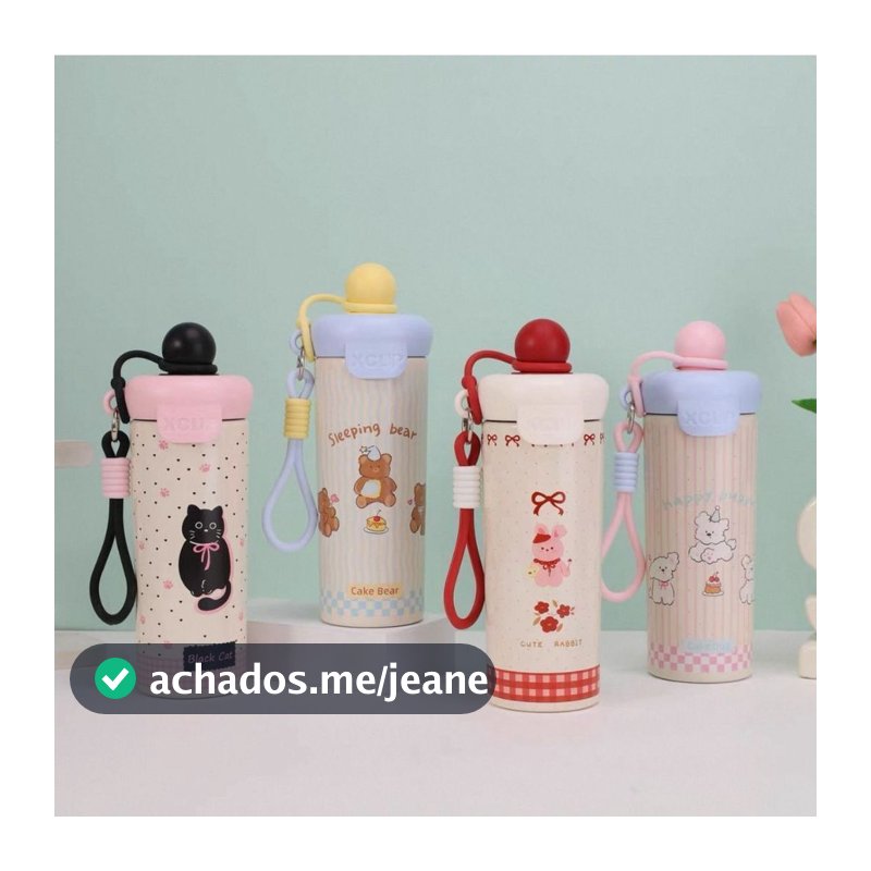 Garrafa Inox Cup 500ml Térmica Dupla Camada com Estampas Fofas, Canudo, Tampa Antivazamento e Abridor