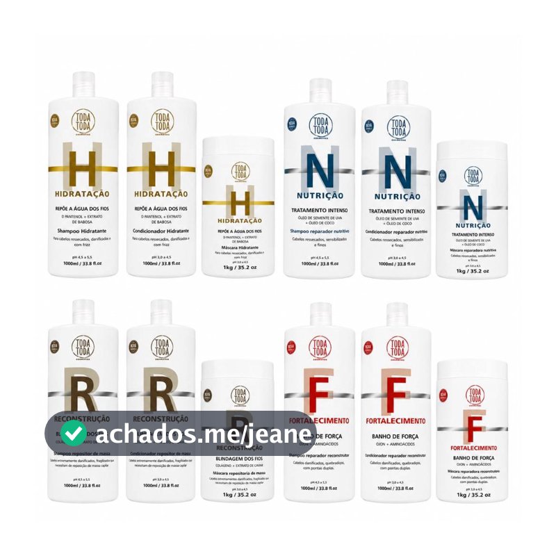 Kit 12 Itens Completo Cronograma Capilar 1L Shampoo, Condicionador e Máscara - Toda Toda Cosmetics