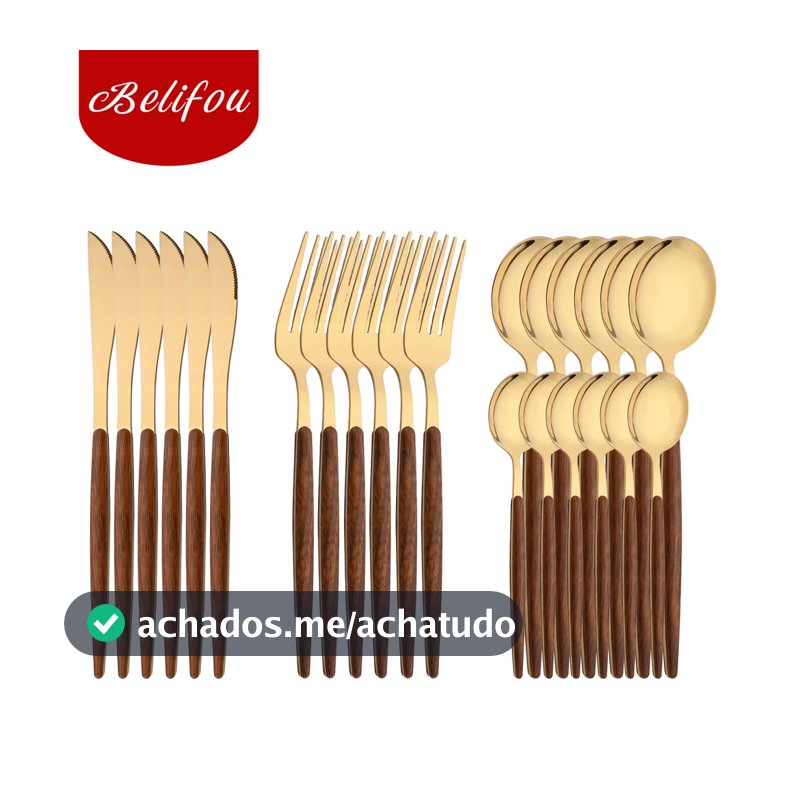 Belifou Kit 24 Jogo De Talheres Aço Inoxidável Ouro Alças De Madeira Alta polidez