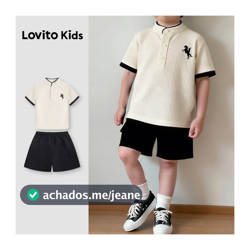 Lovito Kids Casual Conjuntos de Shorts com Botões Jaquard Primavera/verão Preto e Branco para Meninos L180LD241