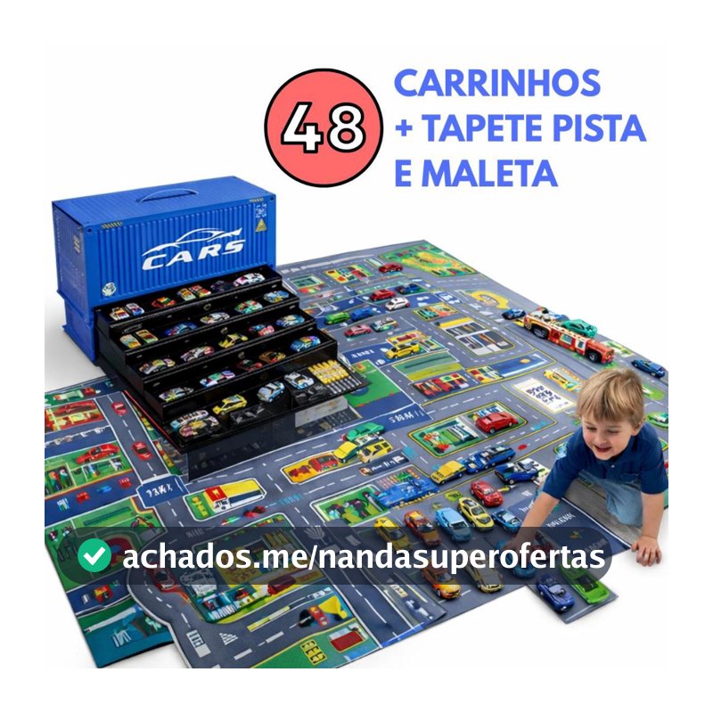 Maleta Kit 48 Carrinhos Fricção + Tapete Pista De Corrida Educativo Brinquedo Infantil Presente Menino Miniatura