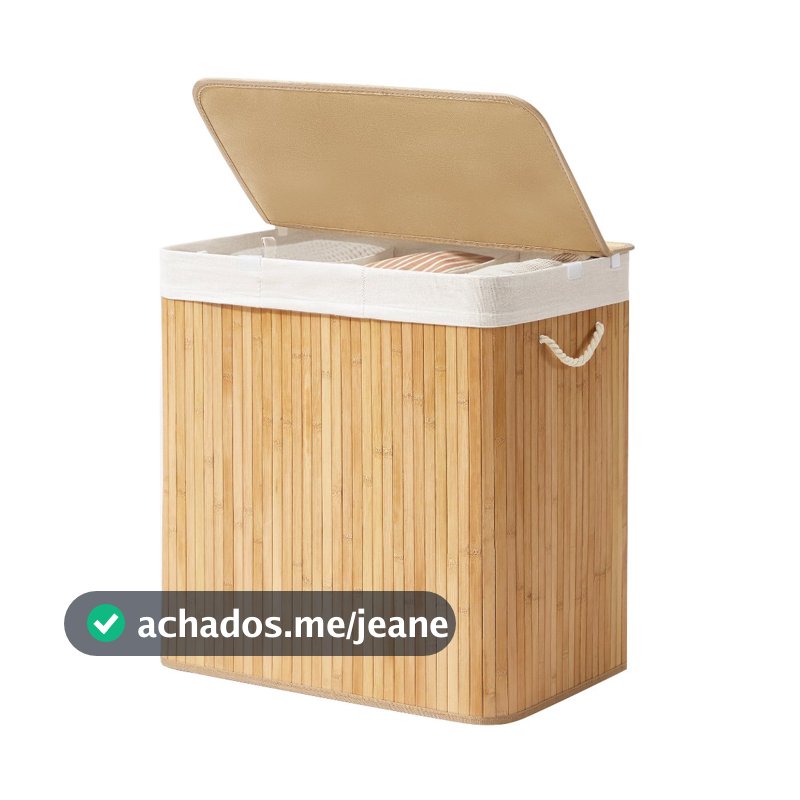 SONGMICS Cesto de Roupa com 3 Compartimentos, 150L Organizador de Roupa com Tampa, Caixa de Bambu com Alças, Dobrável