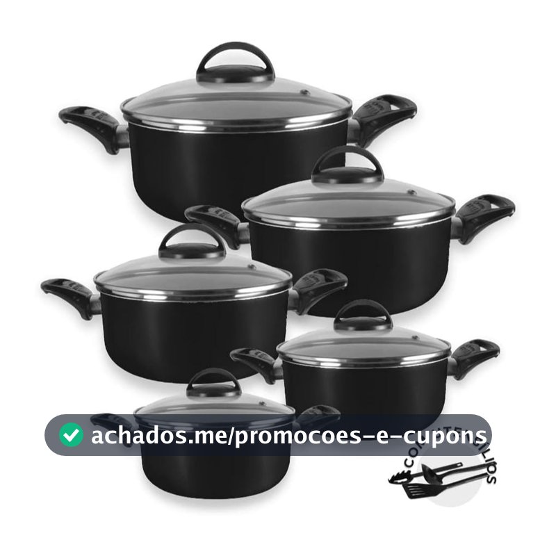 Jogo de Panelas Elegante Antiaderente Teflon 5 Peças Tampa Vidro + Utensílios