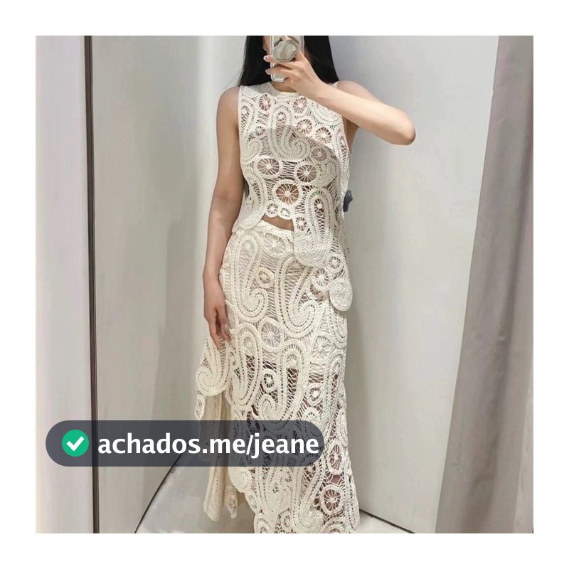 Conjunto De Desenho De Flor De Gancho De Malha Retrô Feminino Sem Mangas Saia De Cintura Alta 31