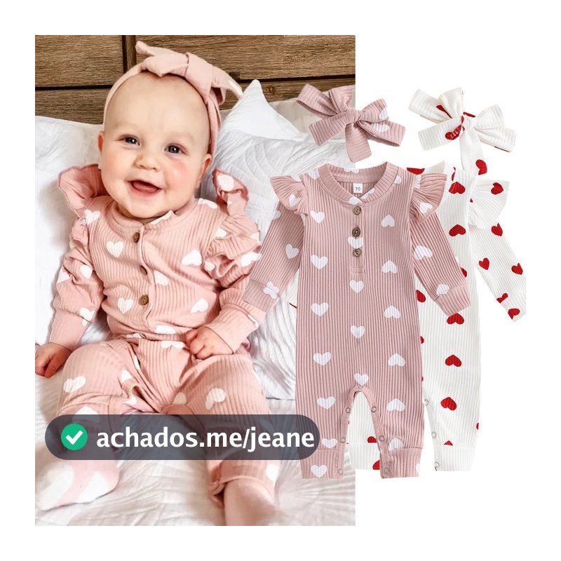 roupa de menina bebê , Coração Impressão Macacão De Manga Comprida E Nó De Laço , fofo Pijama Recém-nascido， Rosa/Branco