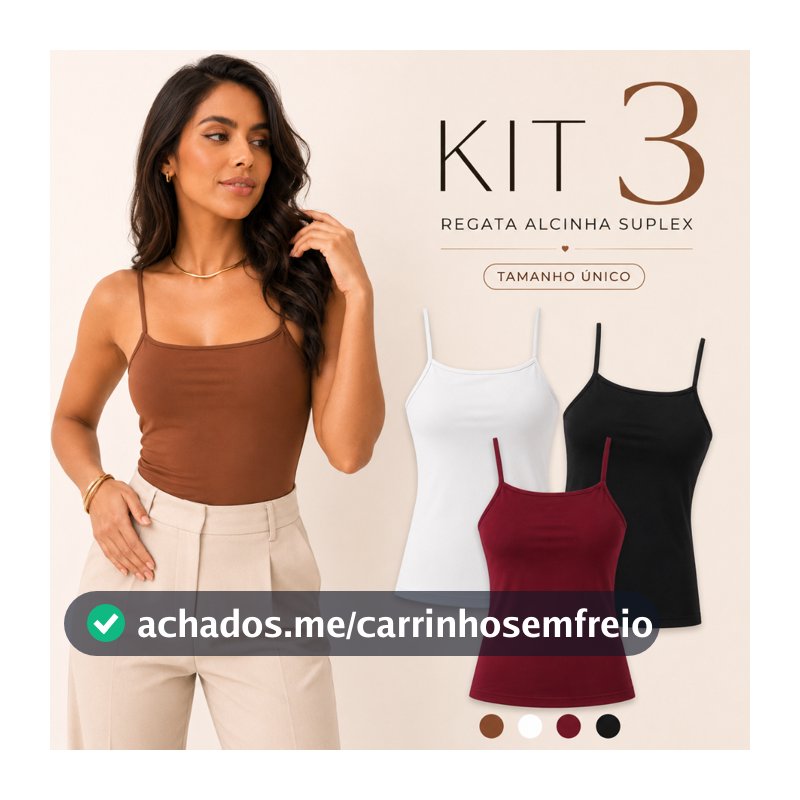 Kit 3 Blusa Regata Feminina Suplex Básica Alça Fina Lisa Forro Duplo Busto Blusinha